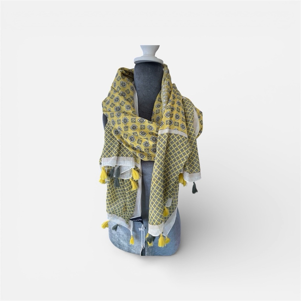 Chloe & Lex Yellow‎ Boho Cotton Scarf Geometric Print Tassel Shawl Wrap NWT